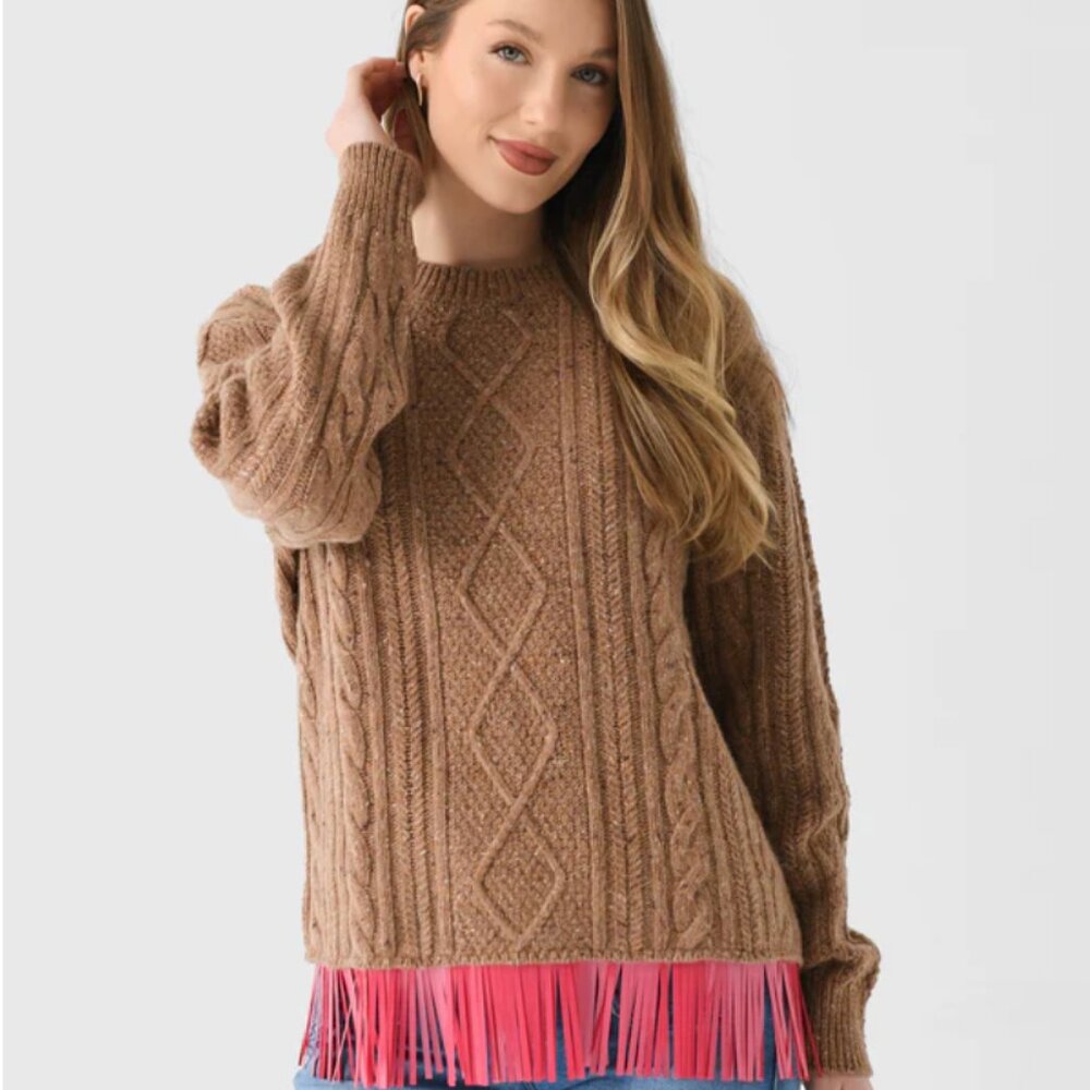 Lingua Franca Bianca Crew Sweater NWT S Acorn Pink Fringe Cable Knit